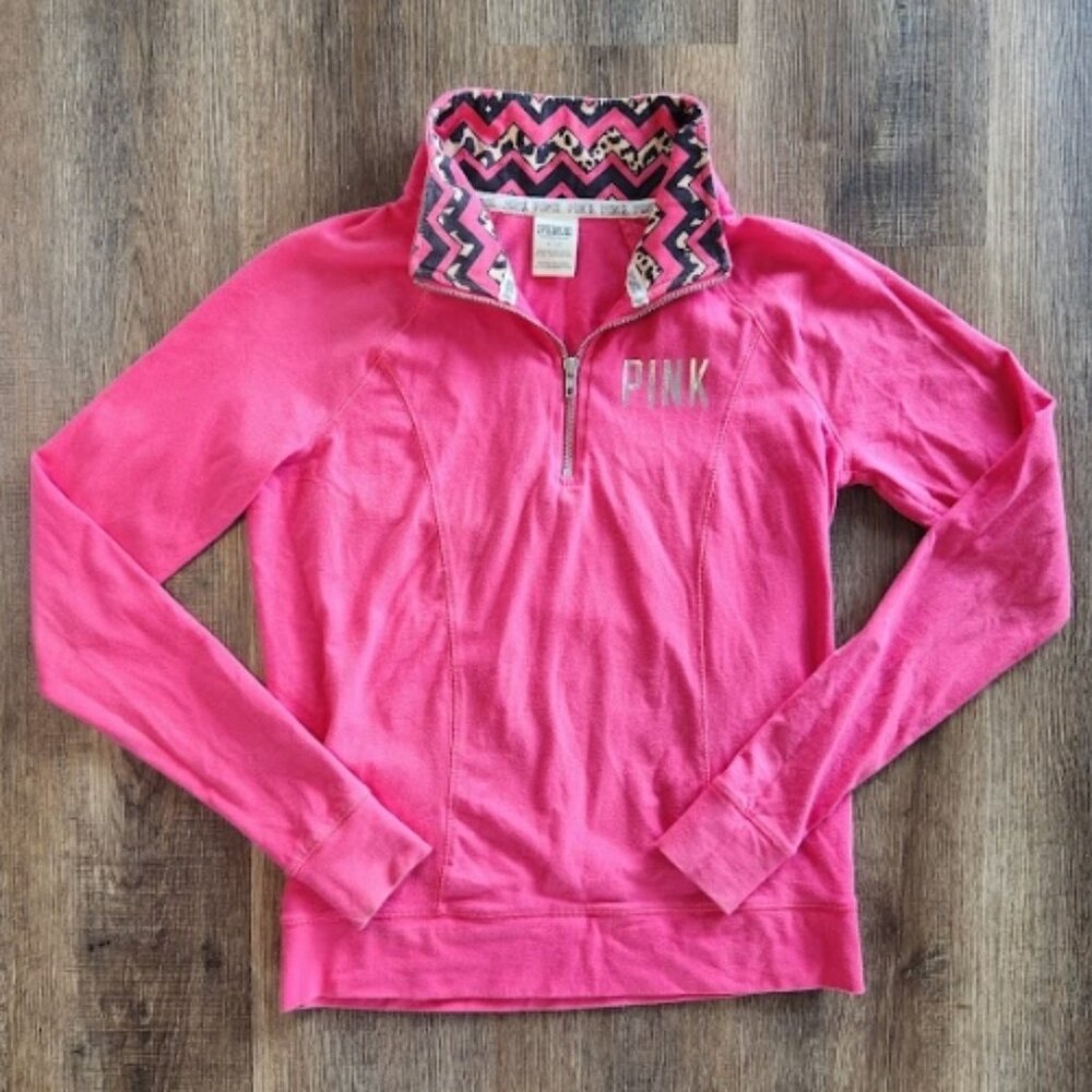 🐆💖PINK Victoria’s Secret 1/4 Zip Pullover Hot Pink Cheetah Y2K Collar-S